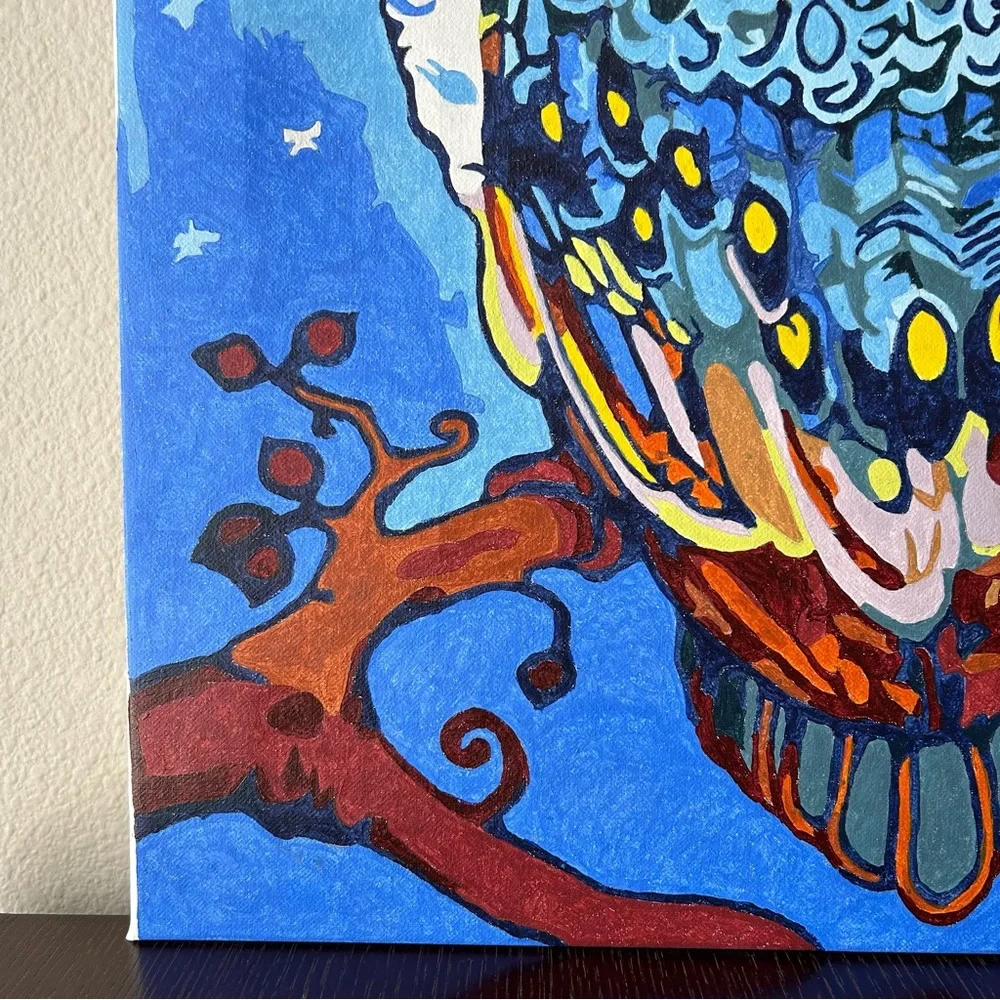 Canvas Oil Painting Blue Owl On Branch Paint by Numbers Stretched Wooden Frame - Picture 6 of 13